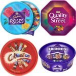 4 x Chocolate Tubs ASSORTED PACK 1 EACH Of Celebrations 650g, Heros 600g, Roses 600g, Quality Street 650g Chocolate Sharing Tub Perfect For Any Occasion Ideal Gifts